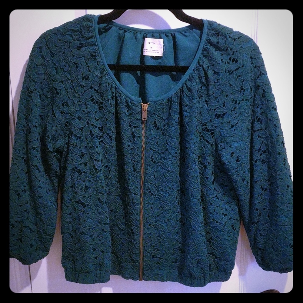 Anthropologie green zip-up lace overlay top